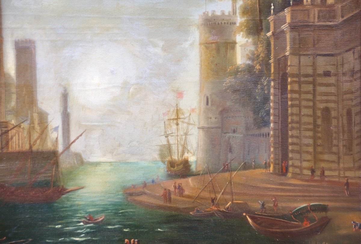 XIXth Painting Embarkation Of Sainte Paule At Ostia After Le Lorrain-photo-3