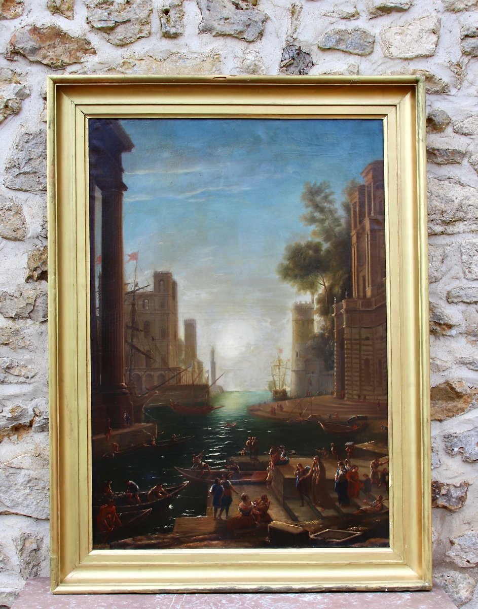Peinture XIX&egrave;me Embarquement De Sainte Paule &agrave; Ostie d'Apr&egrave;s Le Lorrain