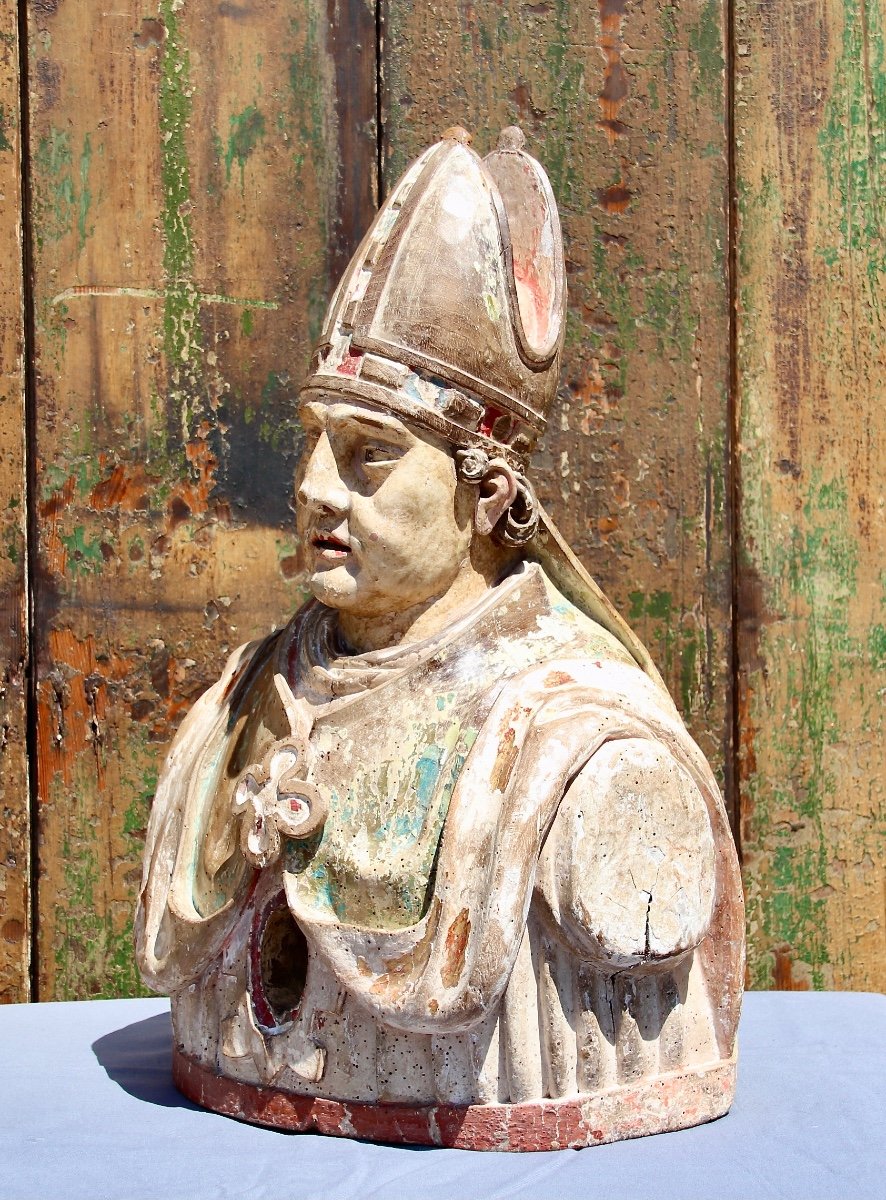 Bishop Reliquary In Polychrome Wood, XVIIIth Century-photo-2