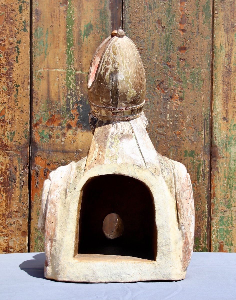 Bishop Reliquary In Polychrome Wood, XVIIIth Century-photo-8