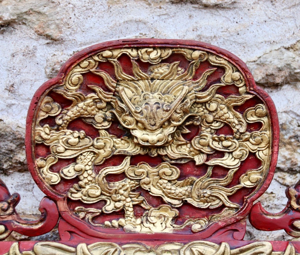 Chinese Throne With Dragons In Red Lacquer And Nineteenth Gilding-photo-3