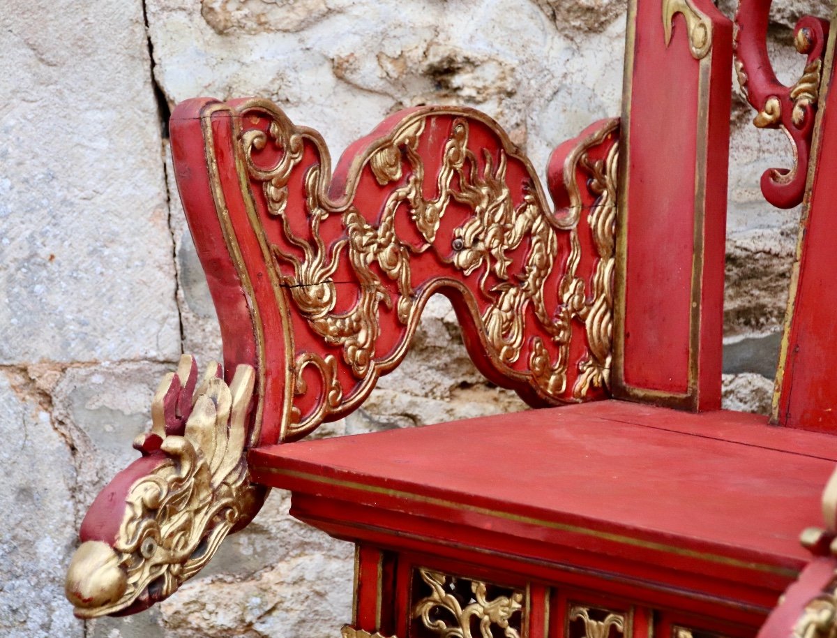 Chinese Throne With Dragons In Red Lacquer And Nineteenth Gilding-photo-5