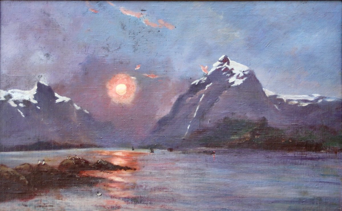 Peinture XIXème Couché De Soleil Sur Un Lac De Montagne -photo-7