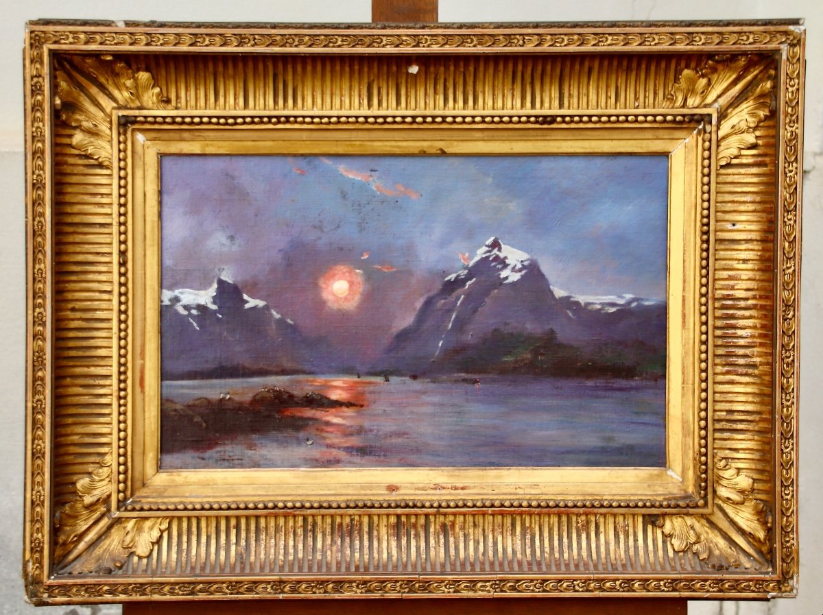 Peinture XIXème Couché De Soleil Sur Un Lac De Montagne 
