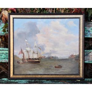 Nineteenth Century English Navy Painting Boats In Port