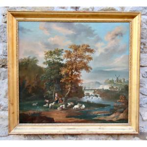 Grande Peinture Début XIXème Paysage De Bergère à La Rivière