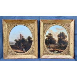 Pair Of Oval Landscape Paintings By Joseph Felly