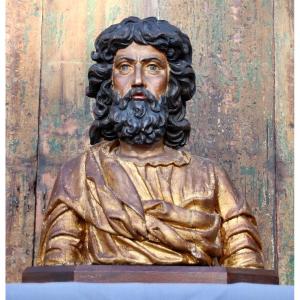 Bust Of Saint In Polychrome And Gilded Wood, 18th Century