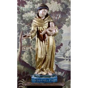 Grand Saint Antoine De Padoue  XVIII&egrave;me En Bois Polychrome Et Dor&eacute; 