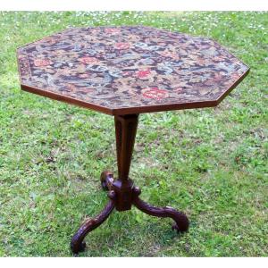 Louis XIV Period Pedestal Table In Carved Walnut With Period Tapestry