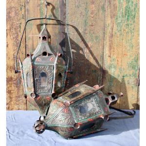 Large Pair Of Polychrome Processional Lanterns