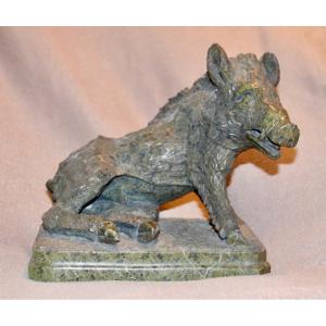 Serpentine Green Marble Boar Sculpture Late 19th Century