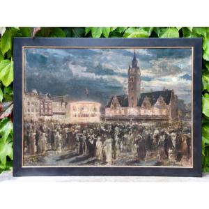 19th Century Painting The Square And Belfry Of Termonde By Jan Frans Verhas