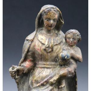 Vierge à l'Enfant XVIIIème En Bois Polychrome