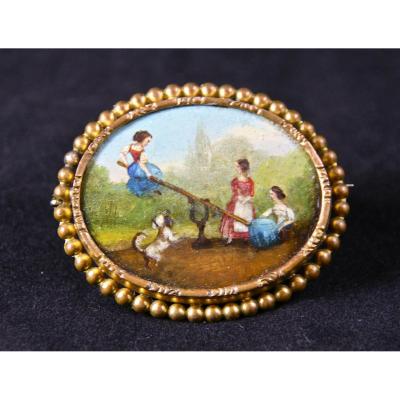 Broche XIXème En Tôle Peinte avec Une Miniature