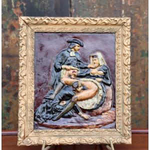 Erotic Scene Painted On A Metal Plate In Bas Relief