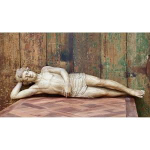 18th Century Polychrome Wooden Reclining Angel Sculpture 