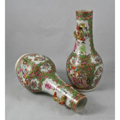 Pair Of Porcelain Vases Canton XIXth Century
