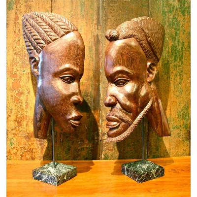 Pair Of African Masks In Palm Tree Of The 50's