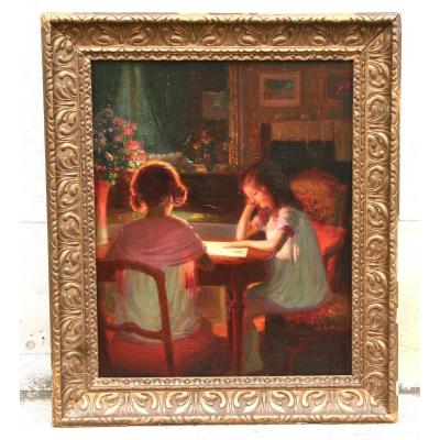 Painting Beginning Of The XXth Century "the Lesson Of The Children" By Henri Angeniol