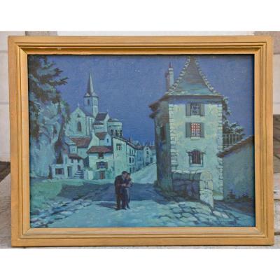 Peinture XXème "nocturne à Montmorillon" Par H. Lejeune