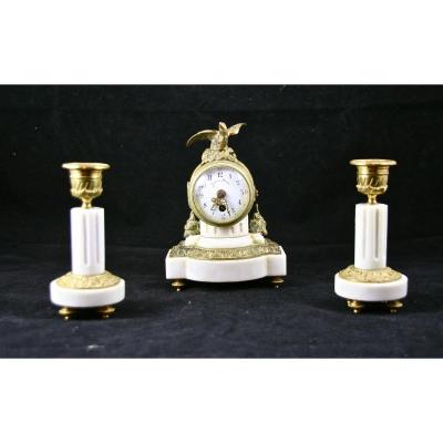 Pendulum And Candlesticks Nineteenth Marble Gilt Bronze Mount