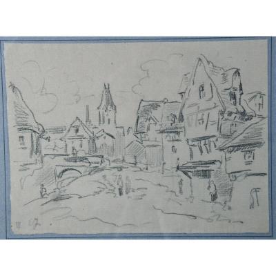 Dessin XIXème "village Normand" d'Eugène Isabey