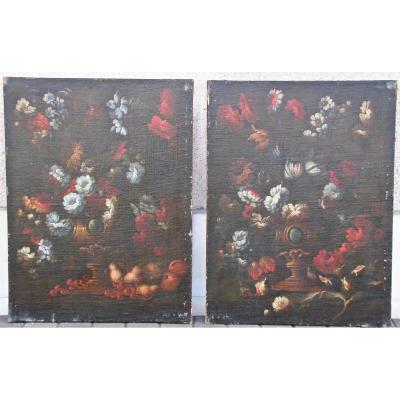 Pair Of Seventeenth Painting "still Life With Flower Bouquets"