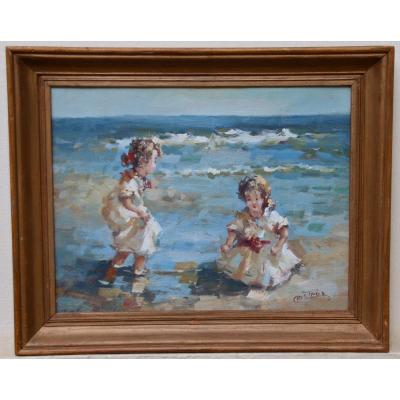 peinture XXème "enfants sur la plage " de Francis CRISTAUX