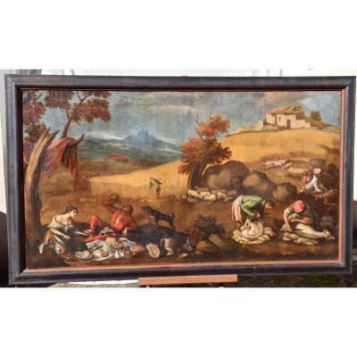 Grande Peinture XVIIème école De Francesco Bassano La Tonte Des Moutons