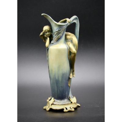 Art Nouveau Ceramic Vase Austria Bronze Mount By E. Walhiss