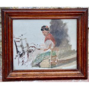 Painting Early Twentieth Young Asian Woman Sitting