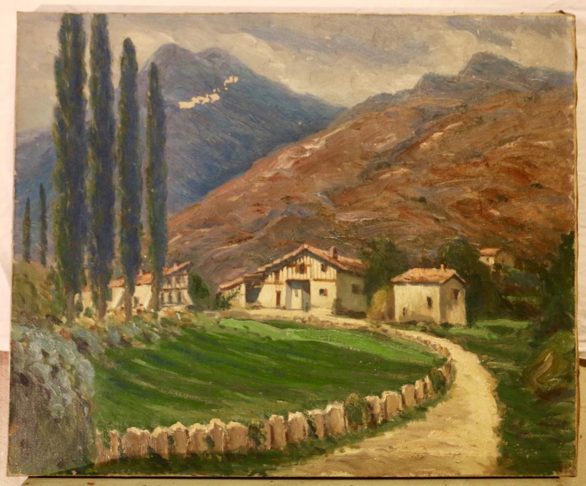 Oil On Canvas - View Of The Basque Country By Jean-rené Chassaigne