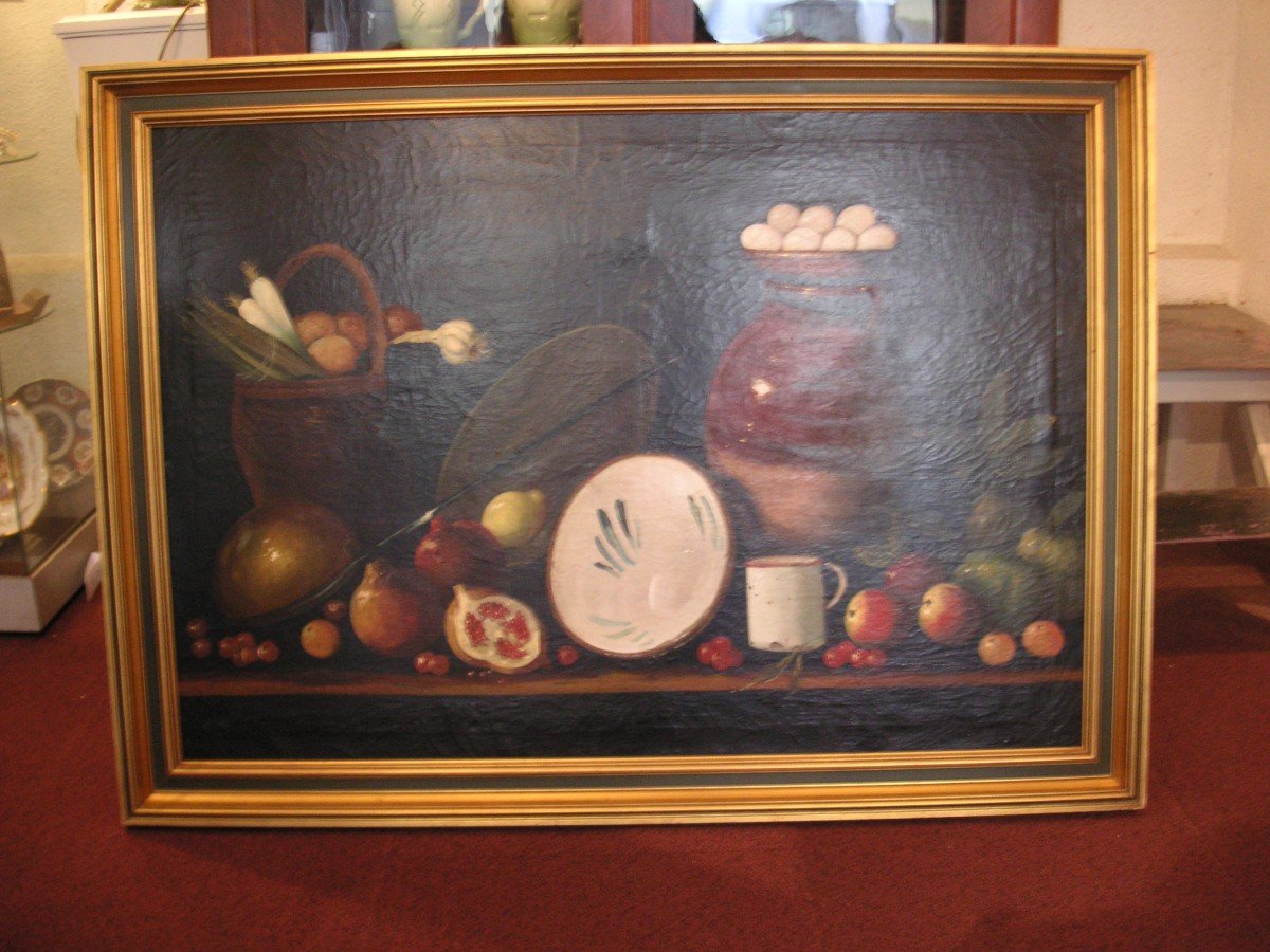 Nature morte dans le gout du XVIIème / Grande huile sur toile non signée -photo-8