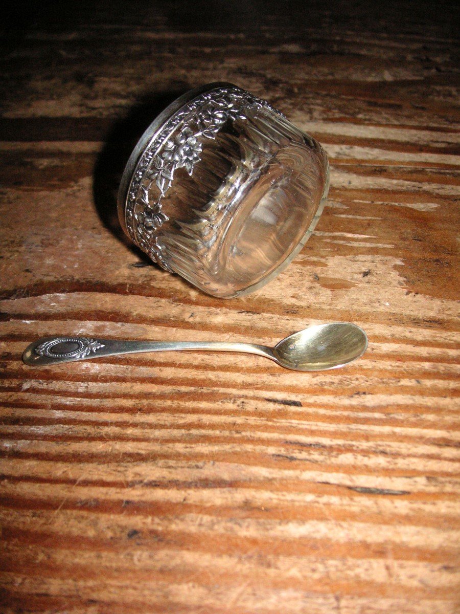 Crystal And Solid Silver Salt Bowl, Solid Silver Salt Spoon / Art Nouveau-photo-3