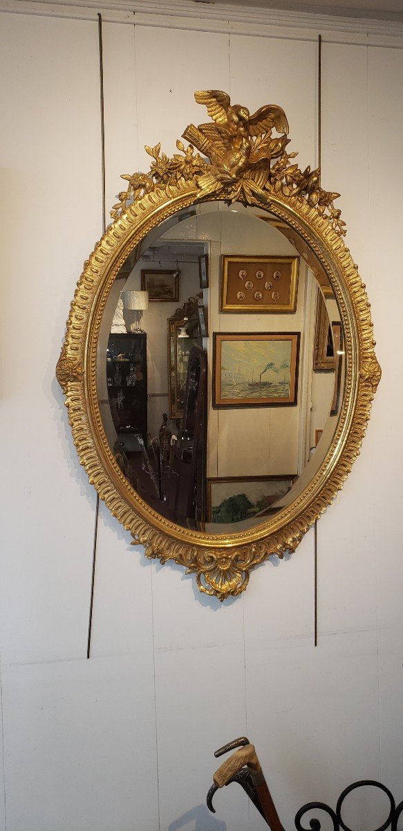 Miroir ovale en  bois et stuc doré fin XIXème -photo-2