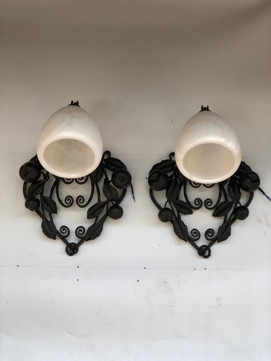 Art Deco Wrought Iron And Alabaster Sconces Suite Of 4-photo-3