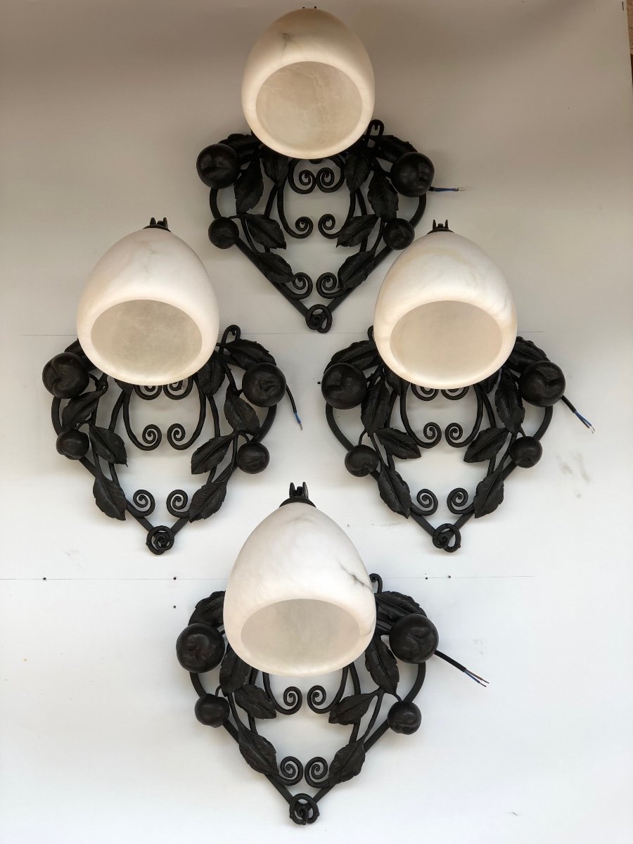 Art Deco Wrought Iron And Alabaster Sconces Suite Of 4-photo-4