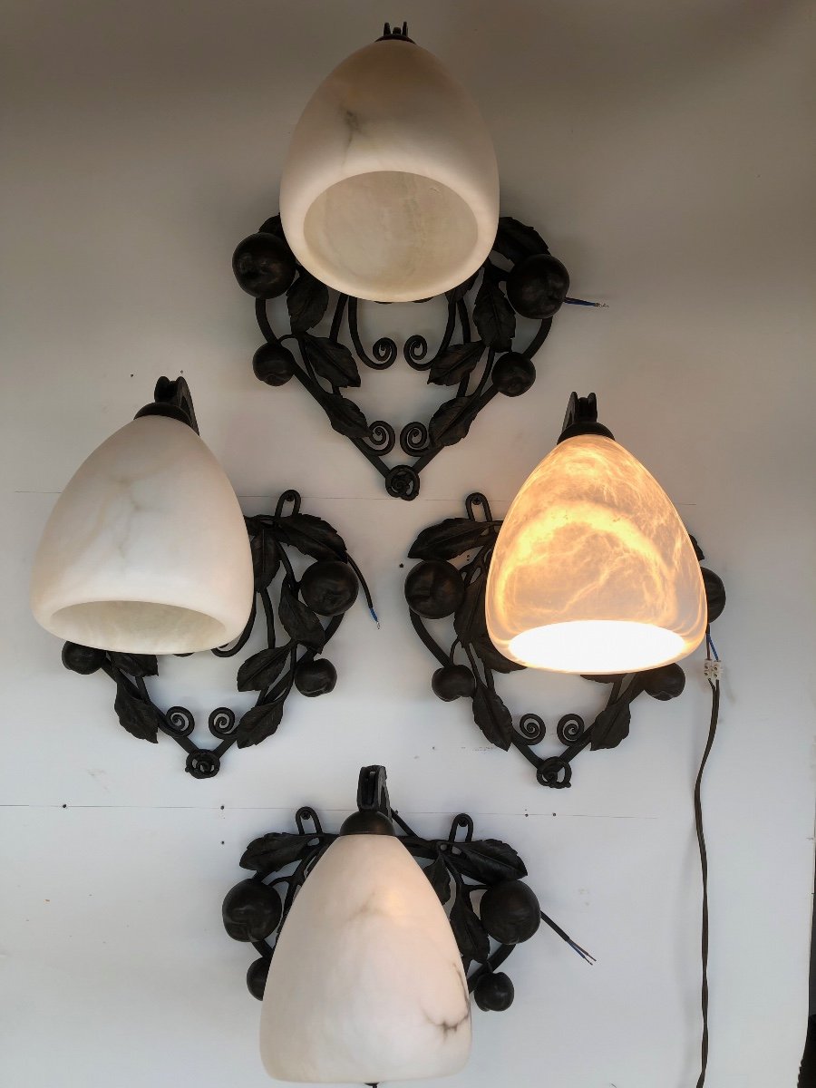 Art Deco Wrought Iron And Alabaster Sconces Suite Of 4-photo-7