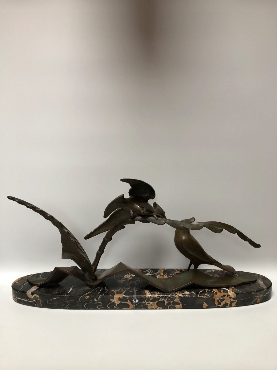 Art Deco Bronze Sculpture Crested Tits Signed M. Guillemard-photo-5