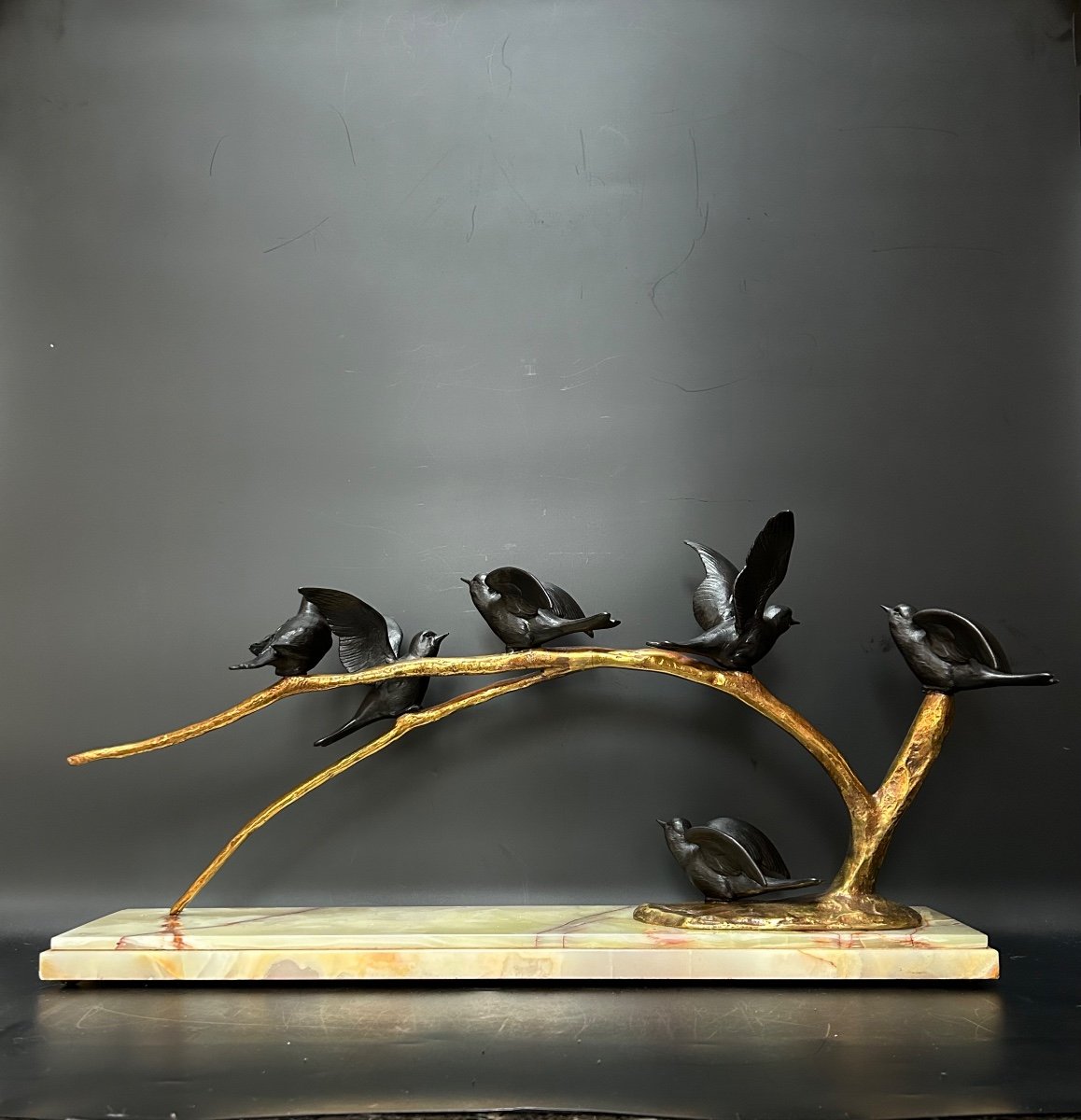 Art Deco Sculpture 6 Birds On A Branch Signed Bezin -photo-5