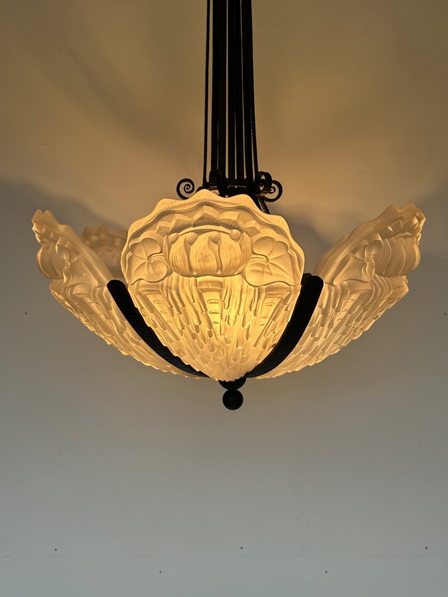 Art Deco Chandelier With 6 Molded Glass Plates Morin Et Cie-photo-7