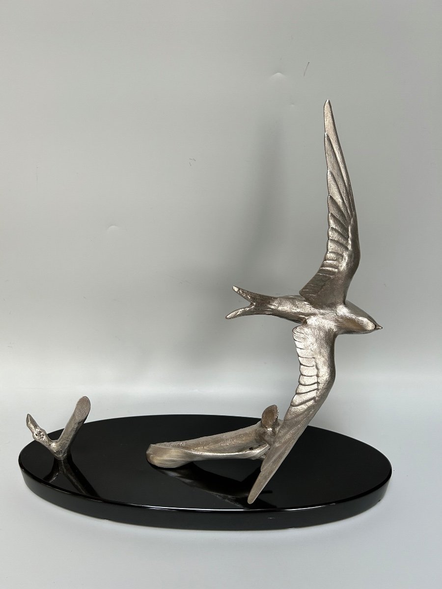 Art Deco Swallow Bronze Sculpture Signed Ruchot -photo-5