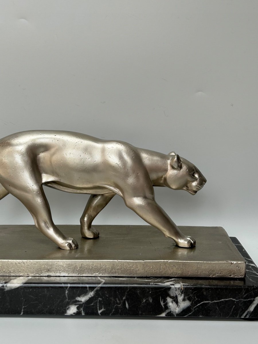 Art Deco Panther In Silvered Bronze Signed V. Demanet-photo-2