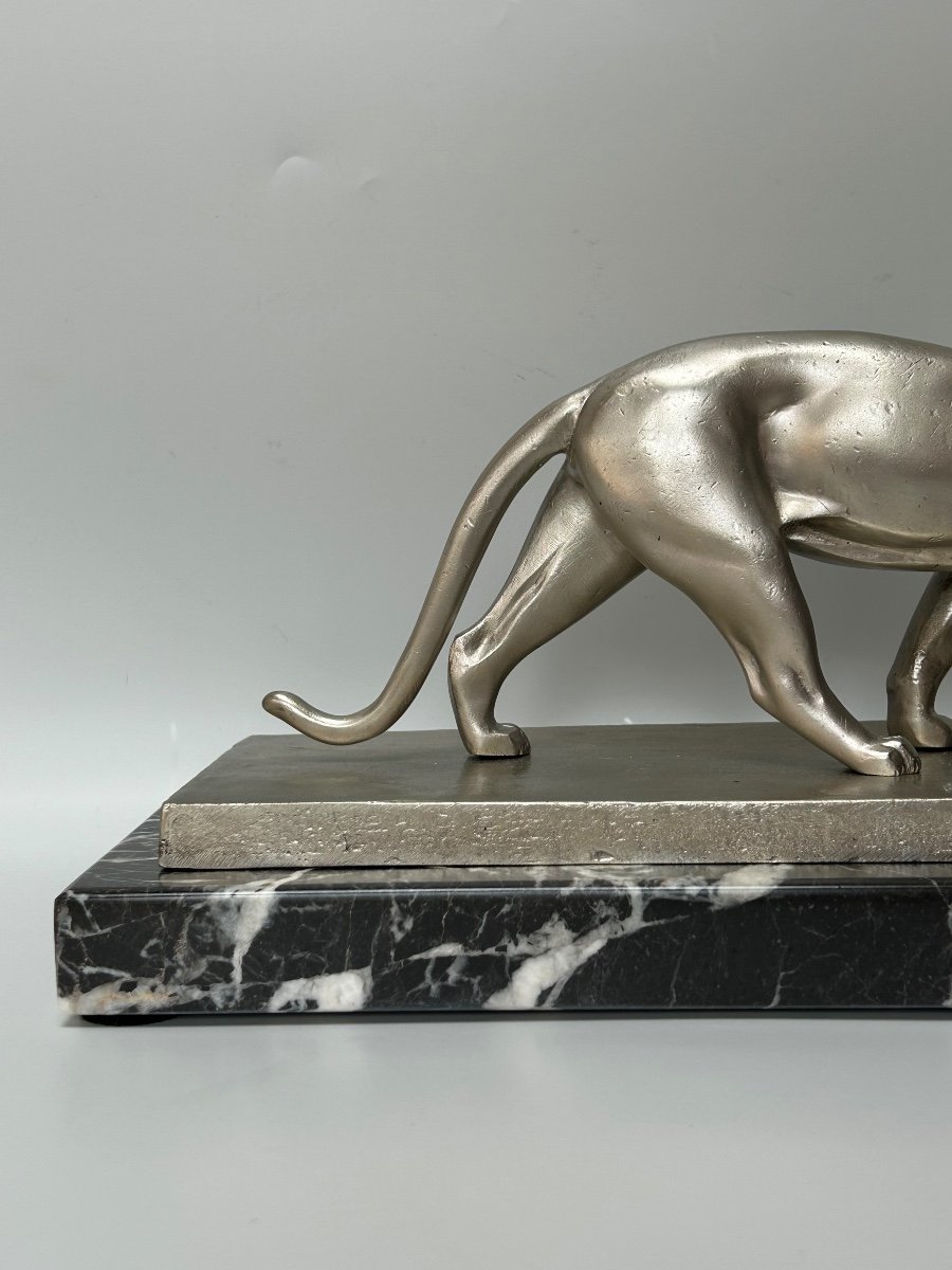 Art Deco Panther In Silvered Bronze Signed V. Demanet-photo-3