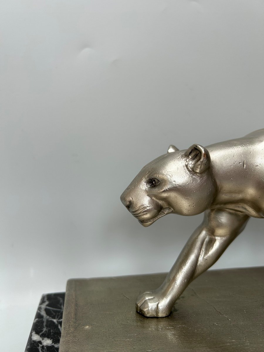 Art Deco Panther In Silvered Bronze Signed V. Demanet-photo-2