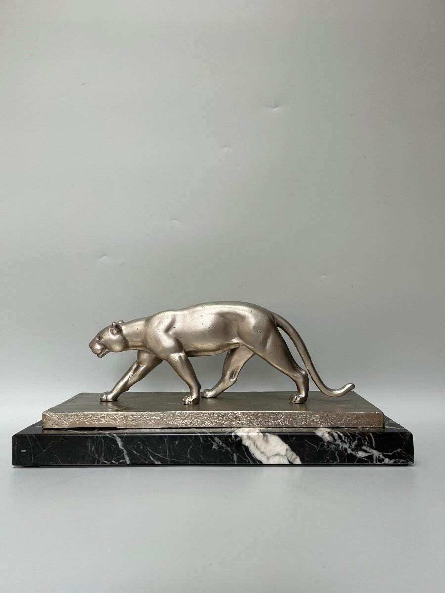 Art Deco Panther In Silvered Bronze Signed V. Demanet-photo-3