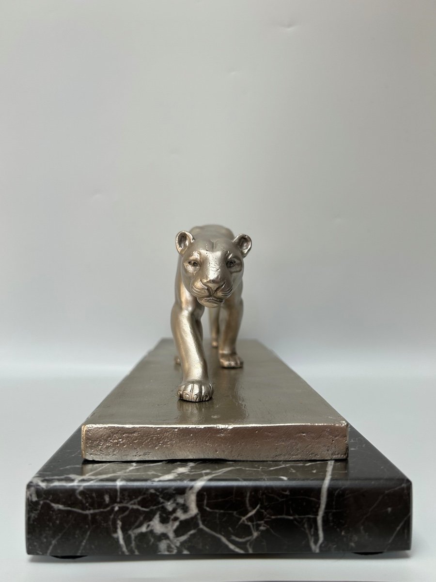 Art Deco Panther In Silvered Bronze Signed V. Demanet-photo-4