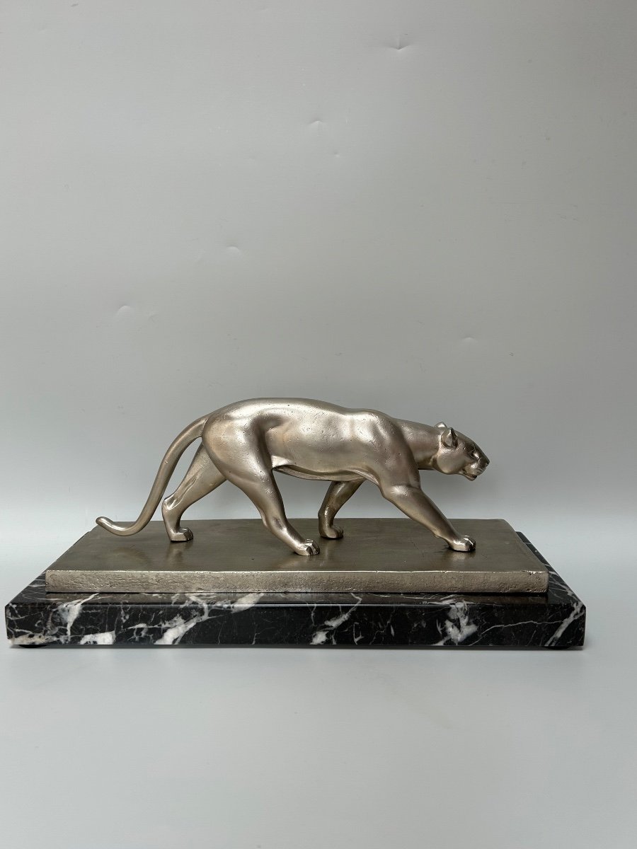 Art Deco Panther In Silvered Bronze Signed V. Demanet