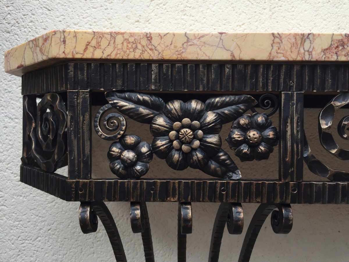 Console And Art Deco Mirror In Wrought Iron And Marble-photo-2